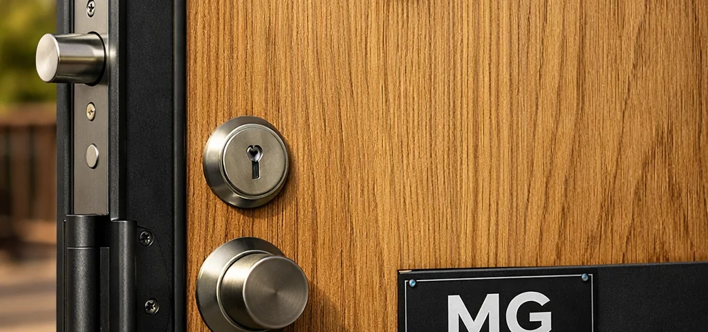 Puerta acorazada de roble natural con bisagras reforzadas y mirilla, reflejando seguridad y ventajas para el hogar.