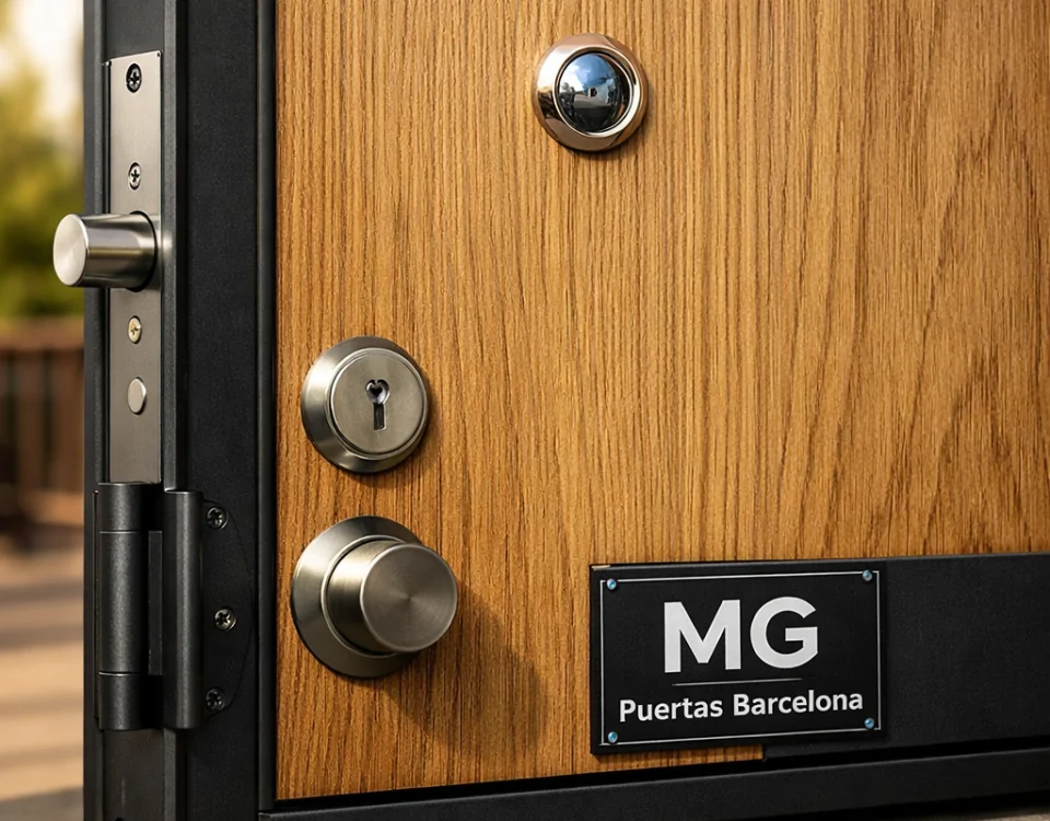 Puerta acorazada de roble natural con bisagras reforzadas y mirilla, reflejando seguridad y ventajas para el hogar.