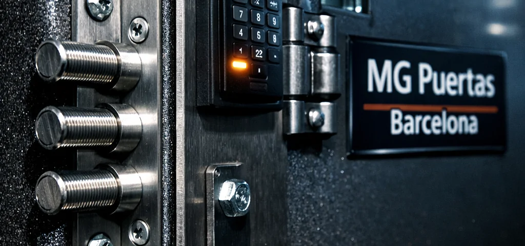Vista en ángulo bajo de una puerta blindada, destacando su robustez y detalles que muestran cómo mejoran las puertas blindadas la seguridad en los negocios.