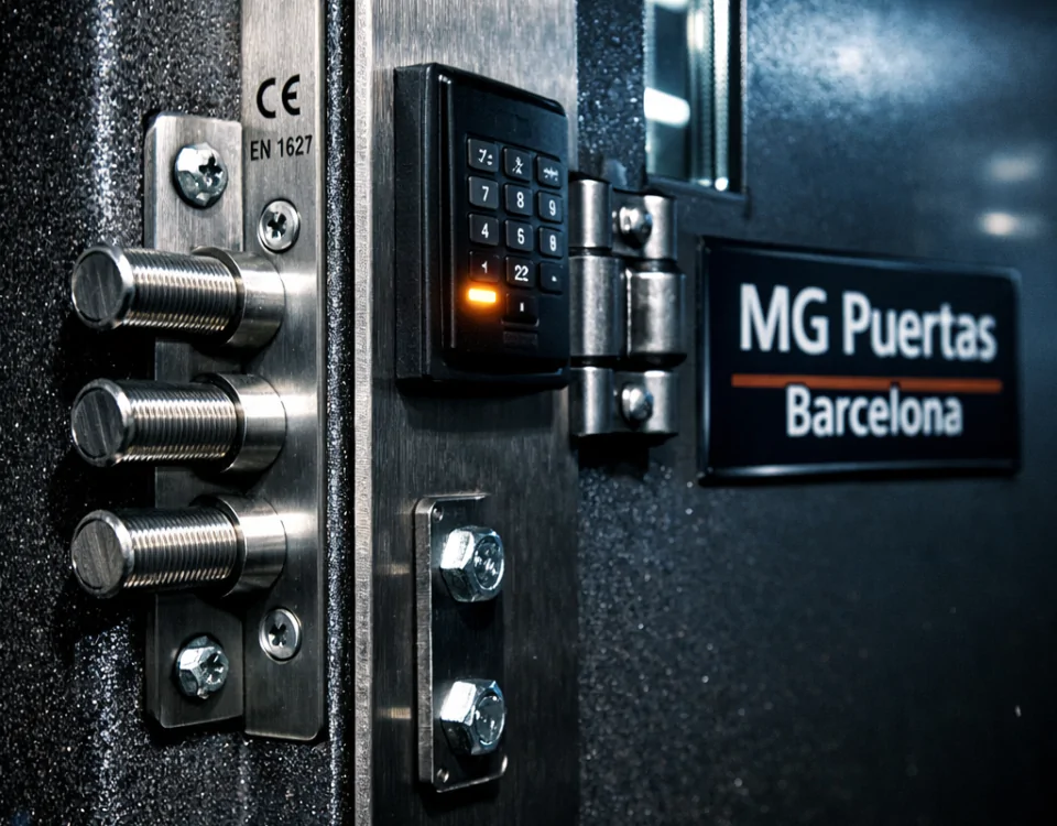 Vista en ángulo bajo de una puerta blindada, destacando su robustez y detalles que muestran cómo mejoran las puertas blindadas la seguridad en los negocios.