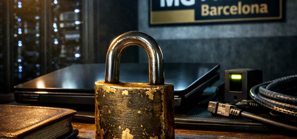 Escritorio con un candado de bronce y un ordenador, ilustrando cómo mejoran las puertas blindadas la seguridad en los negocios.