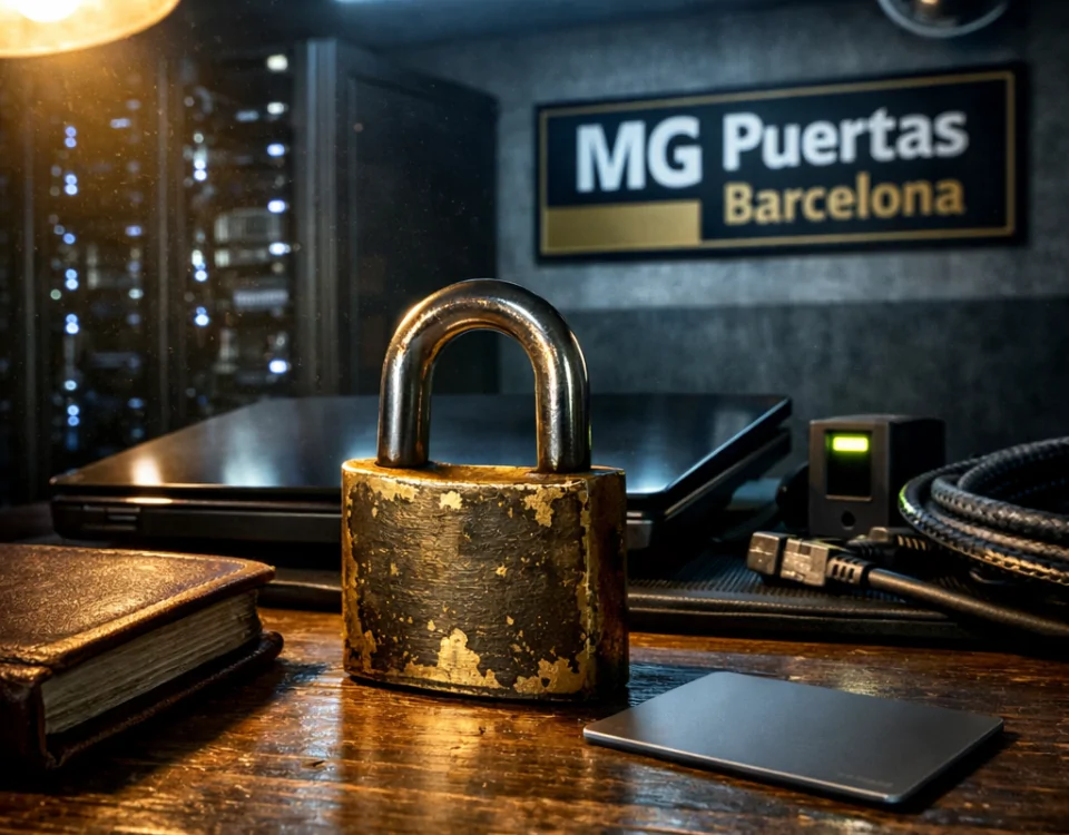 Escritorio con un candado de bronce y un ordenador, ilustrando cómo mejoran las puertas blindadas la seguridad en los negocios.