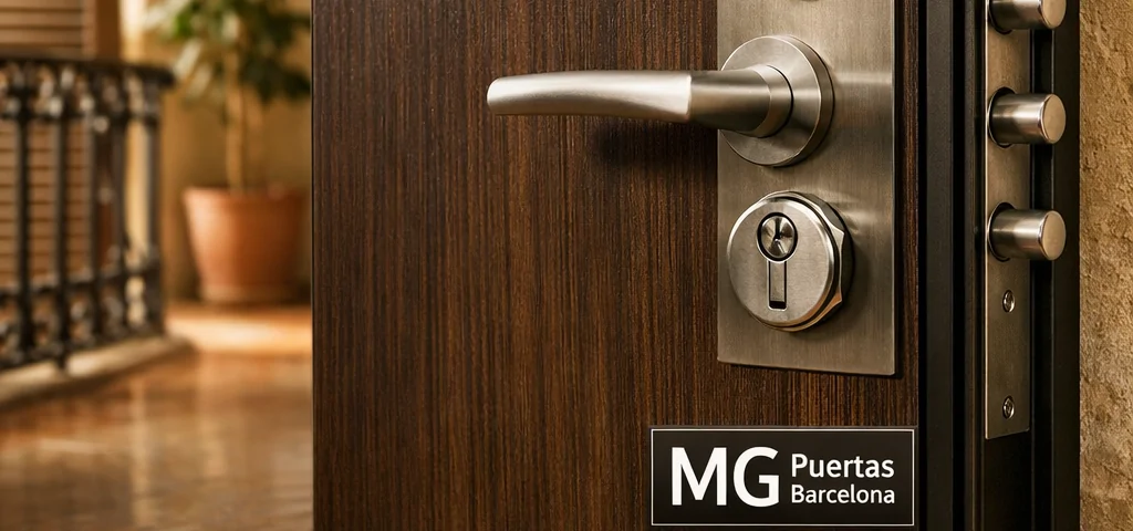 Estudio fotorealista de una puerta blindada moderna en una entrada clásica de Barcelona. Mejores opciones de puertas blindadas disponibles en Barcelona.