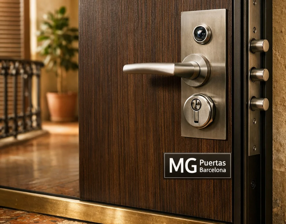 Estudio fotorealista de una puerta blindada moderna en una entrada clásica de Barcelona. Mejores opciones de puertas blindadas disponibles en Barcelona.