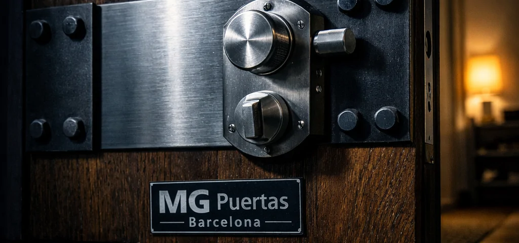 Puerta blindada de nogal oscuro con refuerzo de acero, destacando su seguridad. Cuales son las puertas blindadas mas seguras disponibles en el mercado.