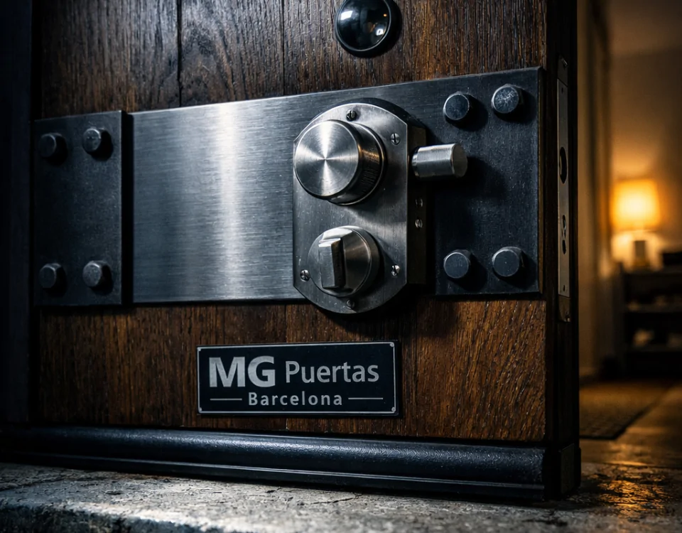 Puerta blindada de nogal oscuro con refuerzo de acero, destacando su seguridad. Cuales son las puertas blindadas mas seguras disponibles en el mercado.