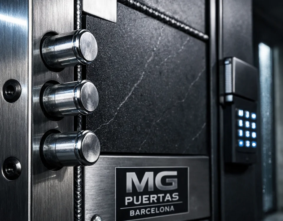 Puerta blindada con cerrojos de seguridad, detalles en acero y cerámica, ideal para explorar cuales son las puertas blindadas mas seguras disponibles en el mercado.