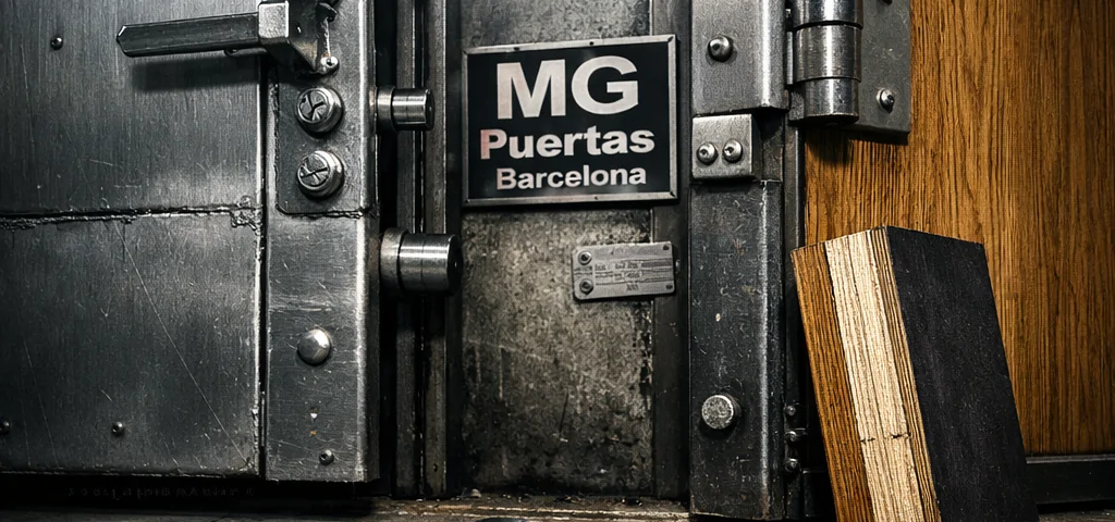 Pasillo industrial con puertas blindadas y acorazadas, herramientas en el umbral, luz dura y sombras marcadas.