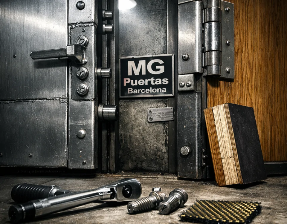 Pasillo industrial con puertas blindadas y acorazadas, herramientas en el umbral, luz dura y sombras marcadas.