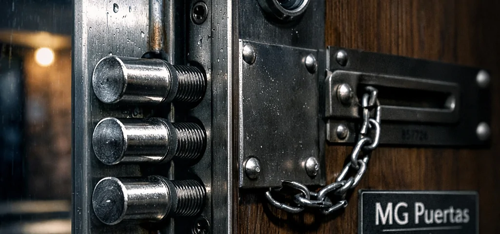 Primer plano de una puerta blindada, destacando su resistencia y detalles, ilustrando cómo afectan las puertas blindadas la seguridad del hogar.