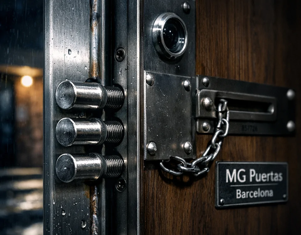 Primer plano de una puerta blindada, destacando su resistencia y detalles, ilustrando cómo afectan las puertas blindadas la seguridad del hogar.