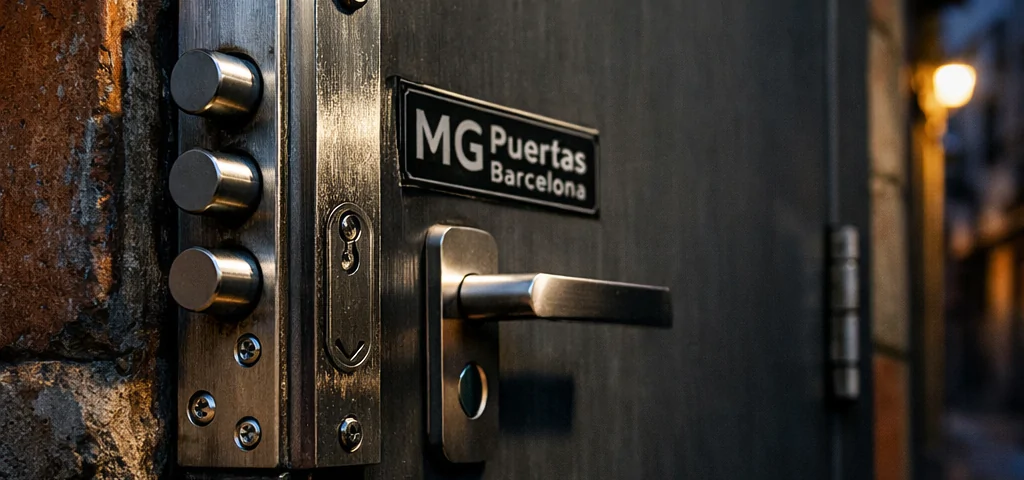 Retrato de una puerta acorazada en Barcelona, destacando su cerradura y detalles, ideal para discutir qué tipos de puertas acorazadas son más eficaces contra robo en Barcelona.