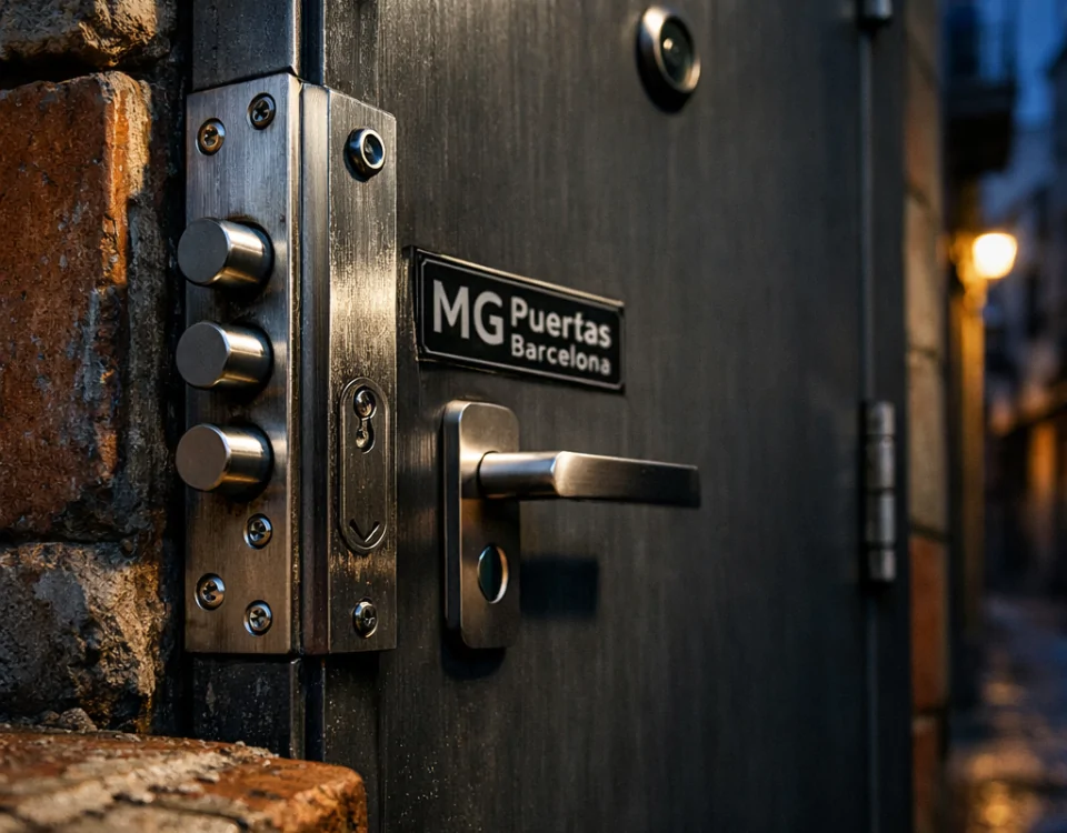 Retrato de una puerta acorazada en Barcelona, destacando su cerradura y detalles, ideal para discutir qué tipos de puertas acorazadas son más eficaces contra robo en Barcelona.