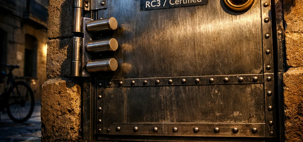 Puerta acorazada en fachada de piedra de Barcelona, muestra de seguridad y protección; ideal para saber qué tipos de puertas acorazadas son más eficaces contra robo en Barcelona.