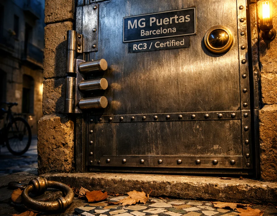 Puerta acorazada en fachada de piedra de Barcelona, muestra de seguridad y protección; ideal para saber qué tipos de puertas acorazadas son más eficaces contra robo en Barcelona.