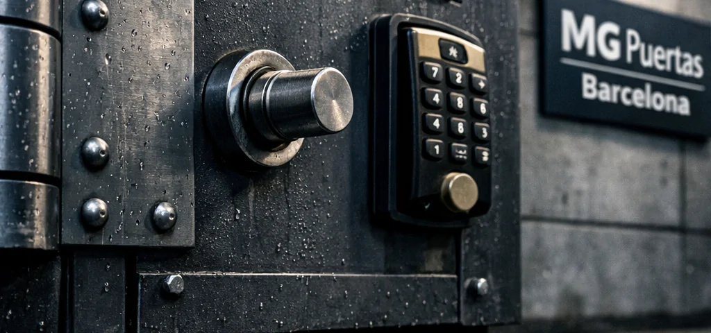 Puerta acorazada monumental con detalles de acero, enfocando en texturas y seguridad. Cuales son las marcas mas confiables de puertas acorazadas para negocios.