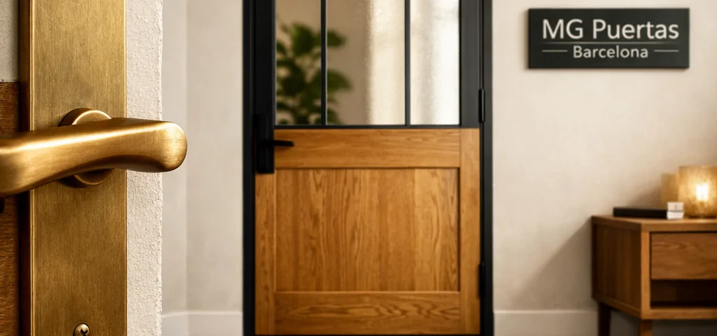 Puerta de interior de dos tonos con panel de roble y acero negro, reflejando las tendencias actuales en puertas de interior para el hogar.