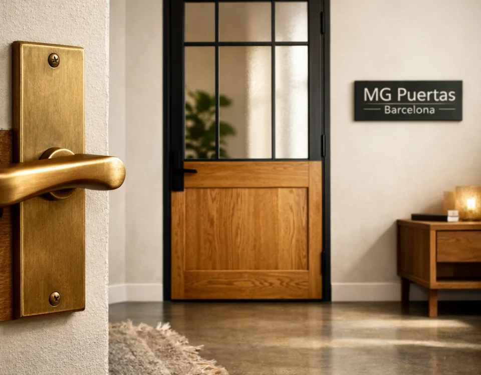 Puerta de interior de dos tonos con panel de roble y acero negro, reflejando las tendencias actuales en puertas de interior para el hogar. Puerta de interior de dos tonos con panel de roble y acero negro, reflejando las tendencias actuales en puertas de interior para el hogar.