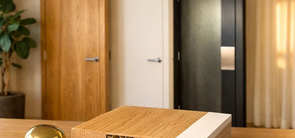 Muestra de puertas de interior modernas con materiales como MDF, madera de roble y acero, iluminada por luz suave.