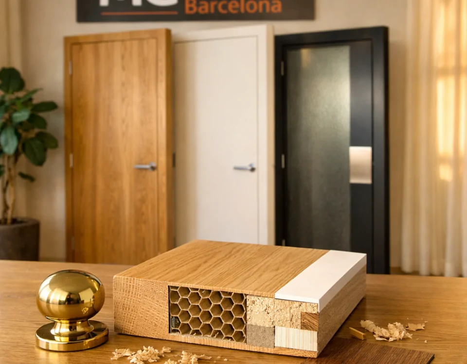 Muestra de puertas de interior modernas con materiales como MDF, madera de roble y acero, iluminada por luz suave. Muestra de puertas de interior modernas con materiales como MDF, madera de roble y acero, iluminada por luz suave.