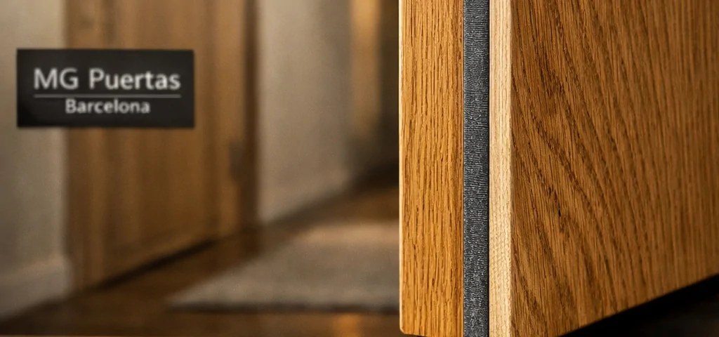 Puerta de roble sólida entreabierta, mostrando su aislamiento acústico; texturas nítidas y ambiente cálido y tranquilo.
