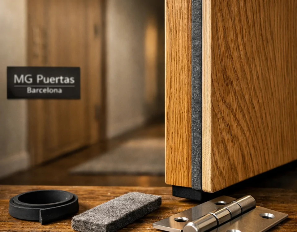 Puerta de roble sólida entreabierta, mostrando su aislamiento acústico; texturas nítidas y ambiente cálido y tranquilo. Puerta de roble sólida entreabierta, mostrando su aislamiento acústico; texturas nítidas y ambiente cálido y tranquilo.