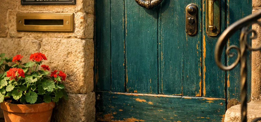 Puerta de entrada de casa en Barcelona, color teal, con detalles en bronce y cerámica, iluminada por la tarde. Cuales son las puertas entrada de casa mejor valoradas en Barcelona.