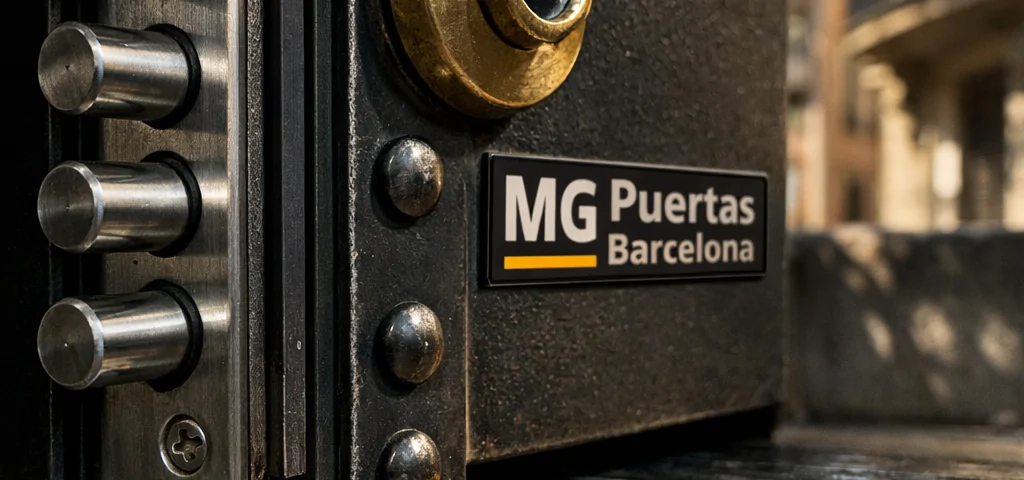 Cerca de una puerta blindada en Barcelona, con cerrojos y detalles metálicos, explorando opciones seguras para puertas blindadas.