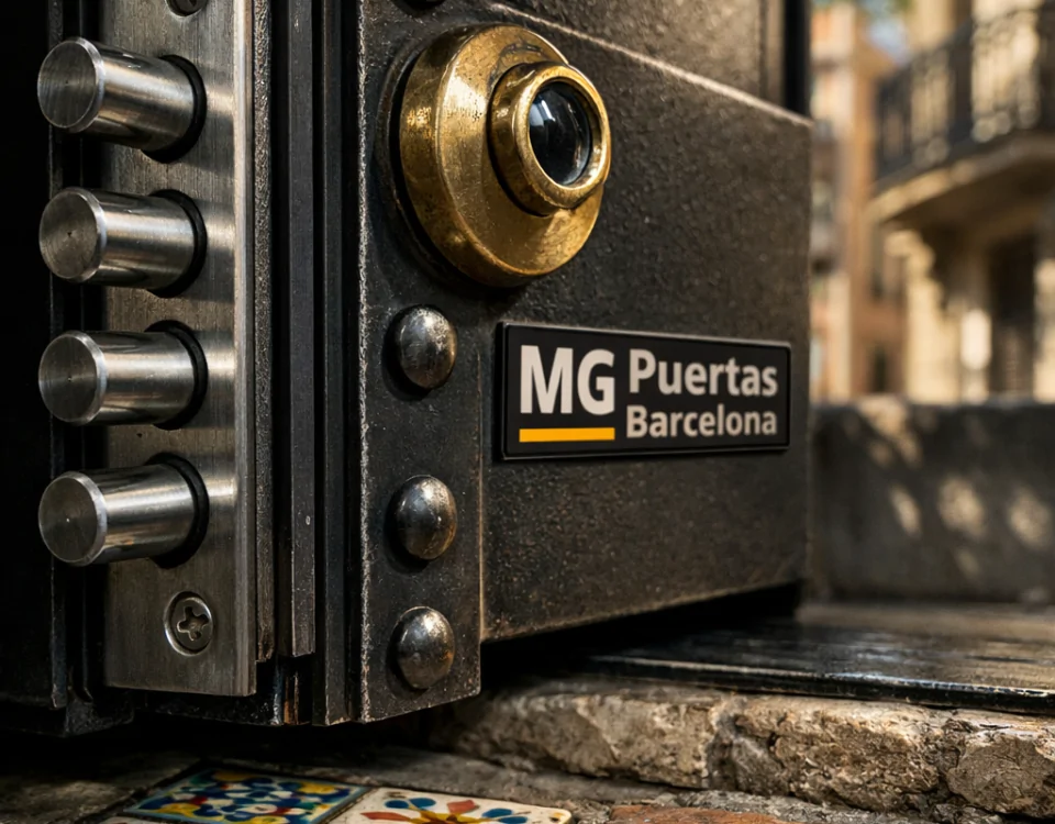 Cerca de una puerta blindada en Barcelona, con cerrojos y detalles metálicos, explorando opciones seguras para puertas blindadas.