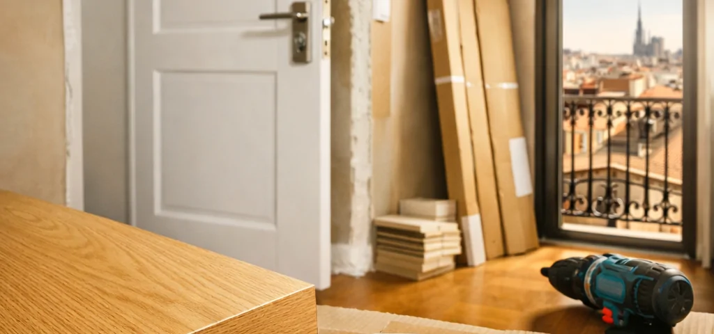 Pasillo de apartamento en Barcelona con puerta de interior nueva, herramientas y luz cálida; "Donde puedo comprar puertas de interior con instalacion incluida en Barcelona".