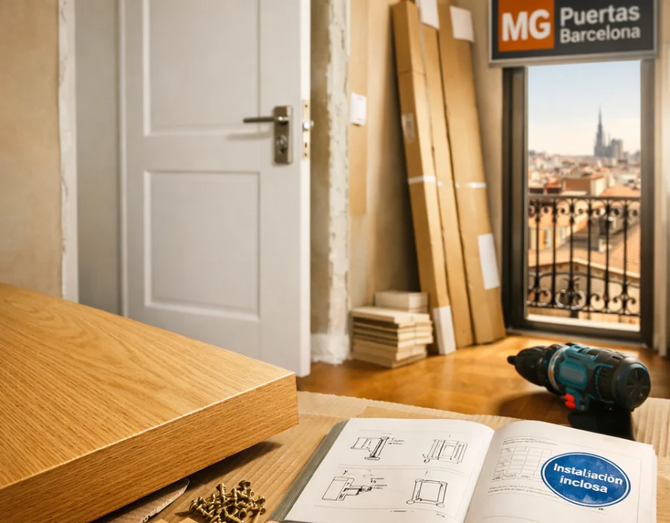 Pasillo de apartamento en Barcelona con puerta de interior nueva, herramientas y luz cálida; "Donde puedo comprar puertas de interior con instalacion incluida en Barcelona". Pasillo de apartamento en Barcelona con puerta de interior nueva, herramientas y luz cálida; "Donde puedo comprar puertas de interior con instalacion incluida en Barcelona".