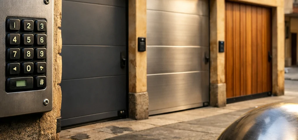 Trío de puertas de garaje seguras en Barcelona, con detalles de materiales y un ambiente cálido y acogedor. Donde puedo instalar puertas de garaje seguras en Barcelona.