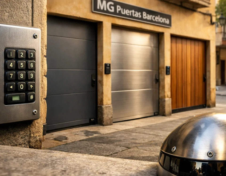 Trío de puertas de garaje seguras en Barcelona, con detalles de materiales y un ambiente cálido y acogedor. Donde puedo instalar puertas de garaje seguras en Barcelona.