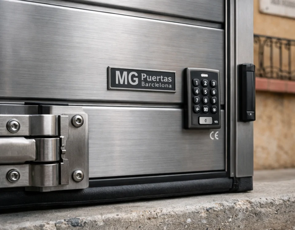 Estudio fotorealista de una puerta de garaje segura en un townhouse de Barcelona. Donde puedo comprar puertas de garaje seguras en Barcelona.