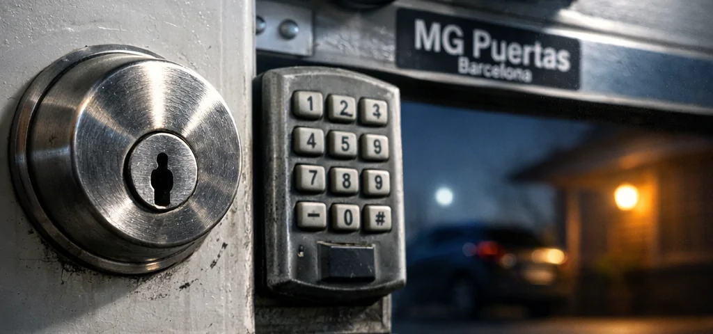 Fotografía de un candado y teclado en una puerta de garaje, con un ambiente tenso. Donde puedo comprar puertas de garaje seguras en Barcelona.