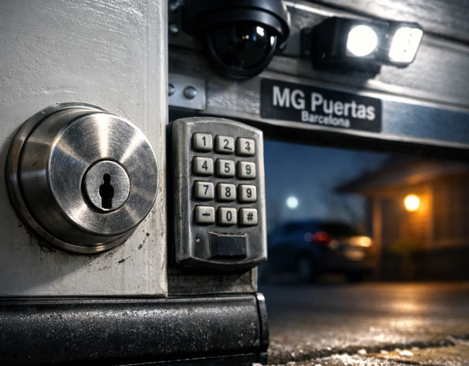 Fotografía de un candado y teclado en una puerta de garaje, con un ambiente tenso. Donde puedo comprar puertas de garaje seguras en Barcelona.