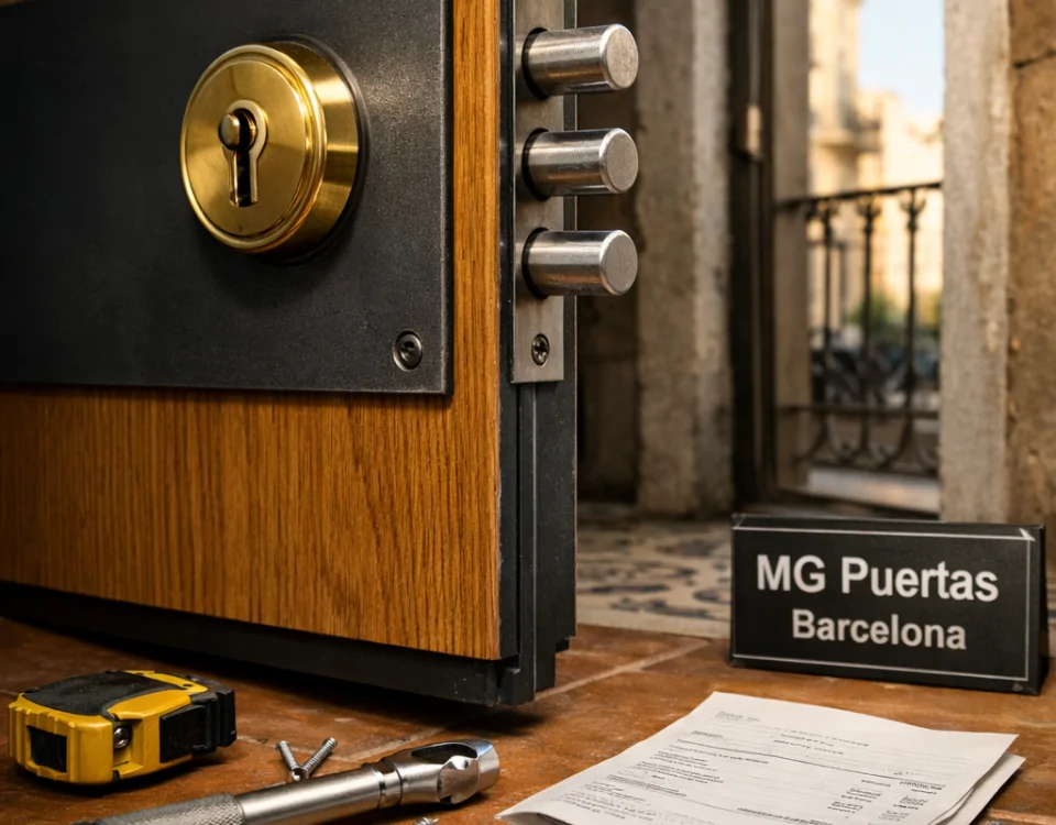Puerta blindada de roble con detalles metálicos, herramientas y un balcón de Barcelona; ideal para encontrar instalación a buen precio. Puerta blindada de roble con detalles metálicos, herramientas y un balcón de Barcelona; ideal para encontrar instalación a buen precio.