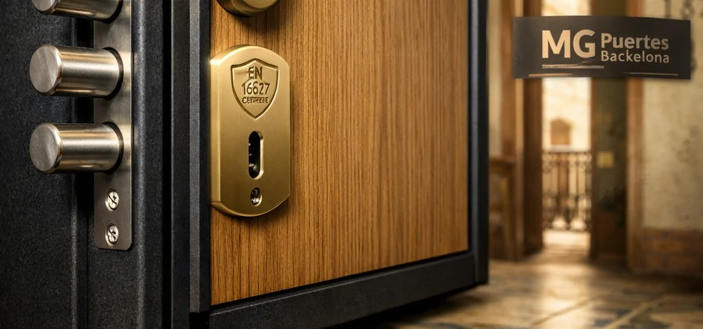 Puerta blindada en Barcelona con instalación incluida, mostrando detalles de seguridad y un ambiente acogedor y protegido.