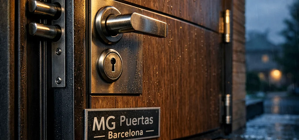 Puerta blindada de acero y madera en un porche, con detalles de textura y ambiente sombrío. Donde puedo comprar puertas blindadas con instalación incluida en Barcelona.
