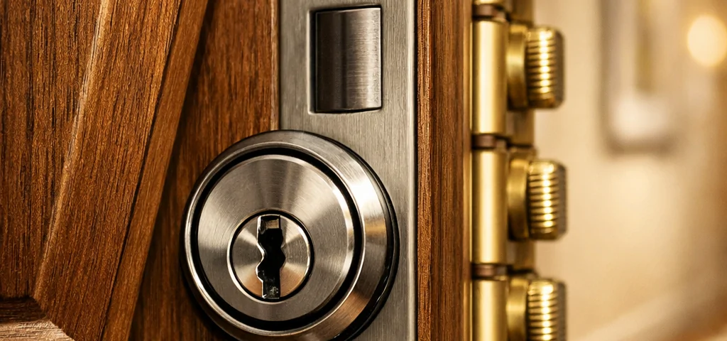 Fotografía macro de una puerta de interior de nogal, destacando seguridad y decoración: cerradura y bisagras detalladas. Que factores considerar al elegir puertas de interior para mejorar la seguridad y decoracion.