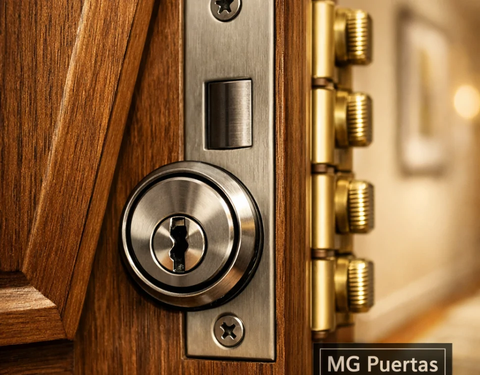 Fotografía macro de una puerta de interior de nogal, destacando seguridad y decoración: cerradura y bisagras detalladas. Que factores considerar al elegir puertas de interior para mejorar la seguridad y decoracion.