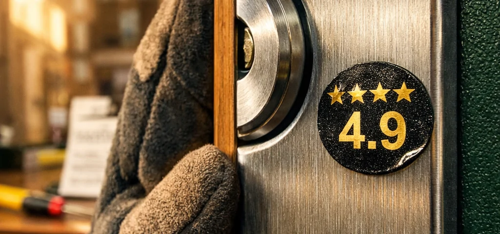 Macro de una puerta blindada en Barcelona, destacando un candado y una etiqueta de calificación de 4.9. Busca las tiendas mejor valoradas para comprar puertas blindadas en Barcelona.