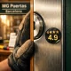 Macro de una puerta blindada en Barcelona, destacando un candado y una etiqueta de calificación de 4.9. Busca las tiendas mejor valoradas para comprar puertas blindadas en Barcelona.