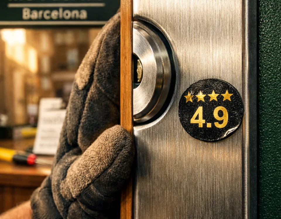 Macro de una puerta blindada en Barcelona, destacando un candado y una etiqueta de calificación de 4.9. Busca las tiendas mejor valoradas para comprar puertas blindadas en Barcelona. Macro de una puerta blindada en Barcelona, destacando un candado y una etiqueta de calificación de 4.9. Busca las tiendas mejor valoradas para comprar puertas blindadas en Barcelona.