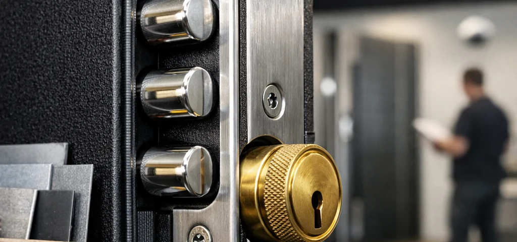 Macro de una puerta acorazada en Barcelona, destacando su cerradura y detalles de acero, con muestras de metal de fondo. Quienes son los principales proveedores de puertas acorazadas para negocios en Barcelona.