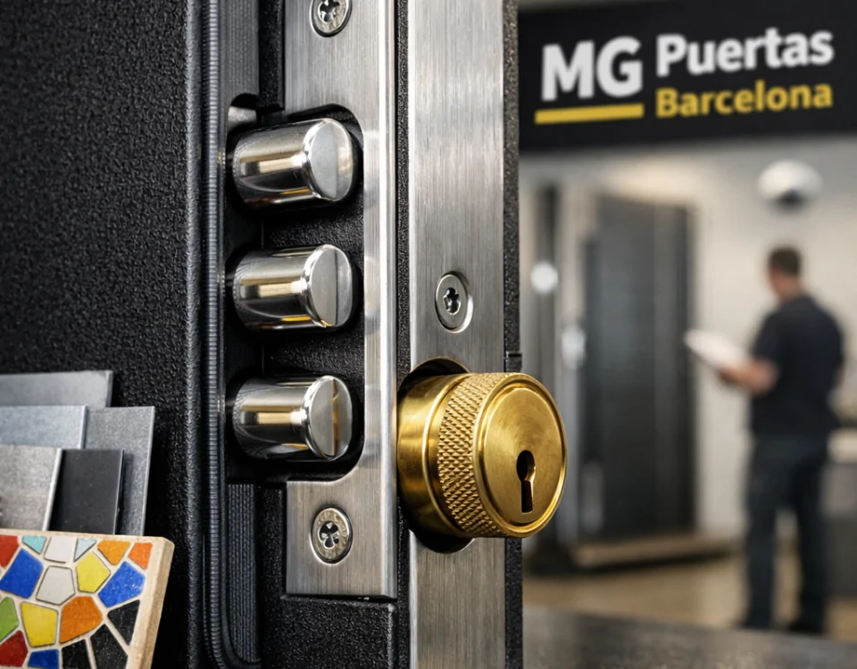 Macro de una puerta acorazada en Barcelona, destacando su cerradura y detalles de acero, con muestras de metal de fondo. Quienes son los principales proveedores de puertas acorazadas para negocios en Barcelona. Macro de una puerta acorazada en Barcelona, destacando su cerradura y detalles de acero, con muestras de metal de fondo. Quienes son los principales proveedores de puertas acorazadas para negocios en Barcelona.