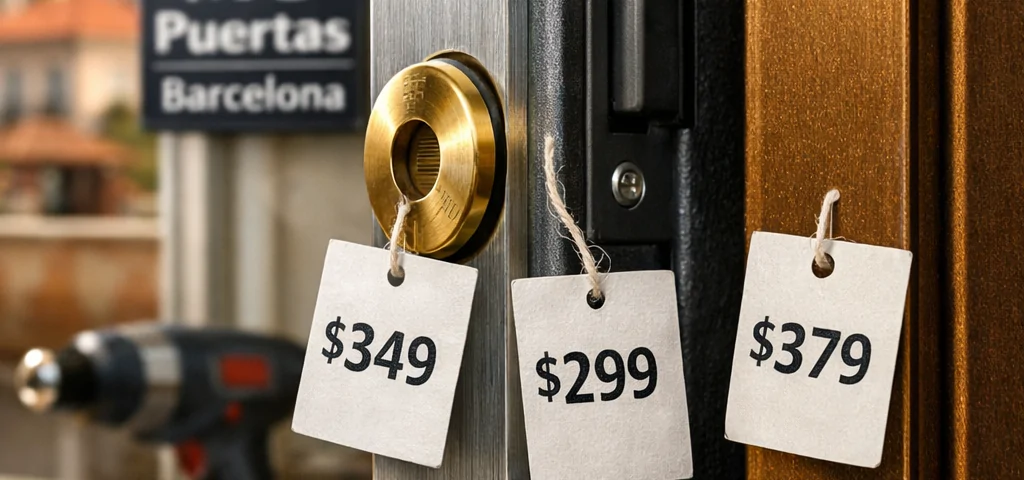 Muestra de bordes de puertas blindadas en Barcelona, etiquetas de precio y herramientas, luz suave y fondo urbano borroso. Compara los precios de las puertas blindadas instaladas en Barcelona.