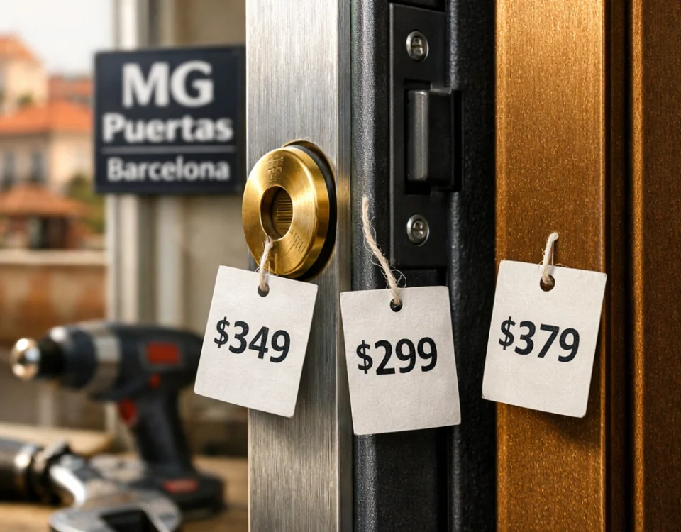 Muestra de bordes de puertas blindadas en Barcelona, etiquetas de precio y herramientas, luz suave y fondo urbano borroso. Compara los precios de las puertas blindadas instaladas en Barcelona.
