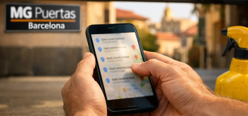 Manos sosteniendo un smartphone negro buscando opciones de mantenimiento para puertas de garaje en Barcelona, con fondo desenfocado.