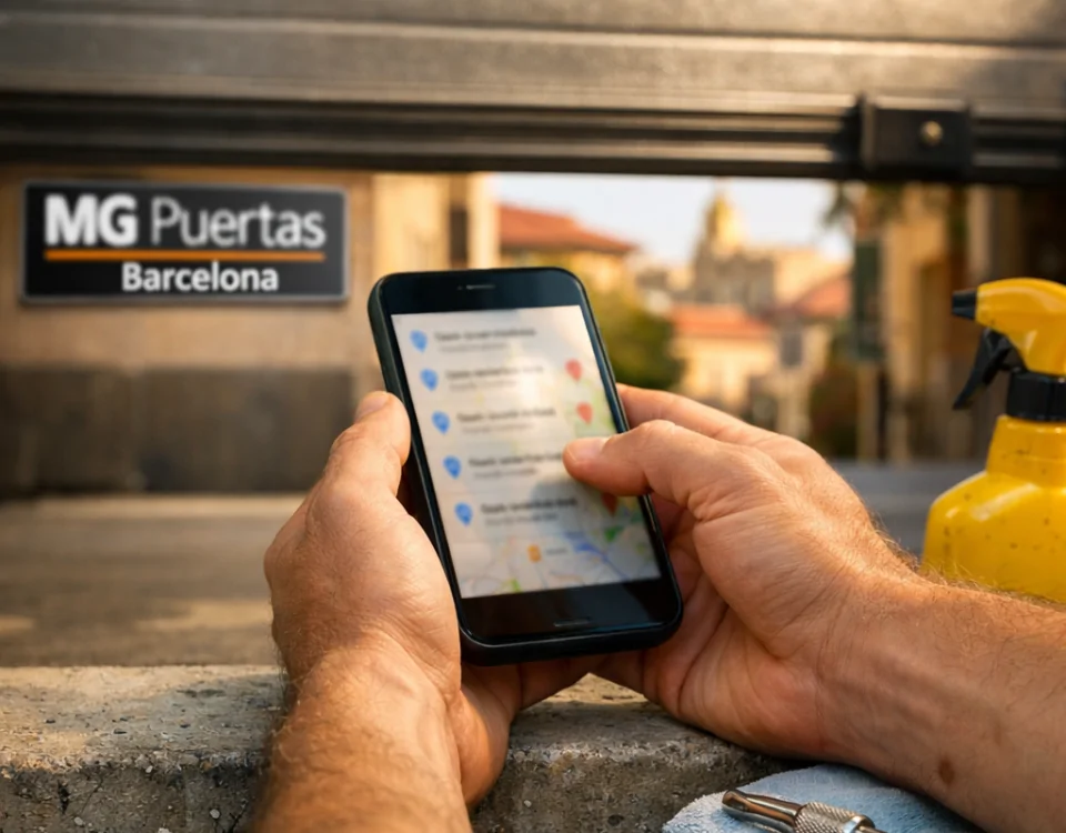 Manos sosteniendo un smartphone negro buscando opciones de mantenimiento para puertas de garaje en Barcelona, con fondo desenfocado.